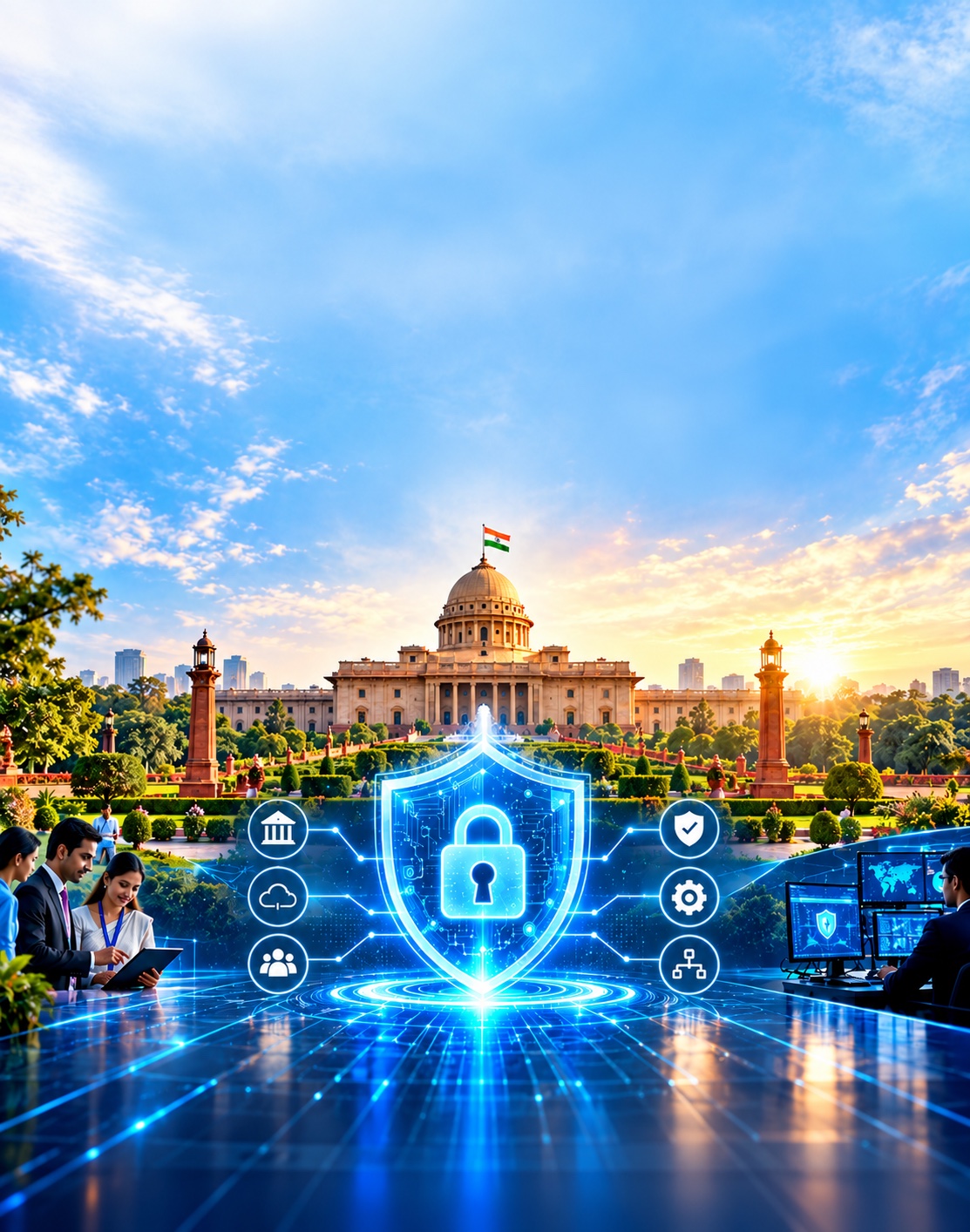 A glowing cyber shield with a padlock in front of Rashtrapati Bhavan, New Delhi