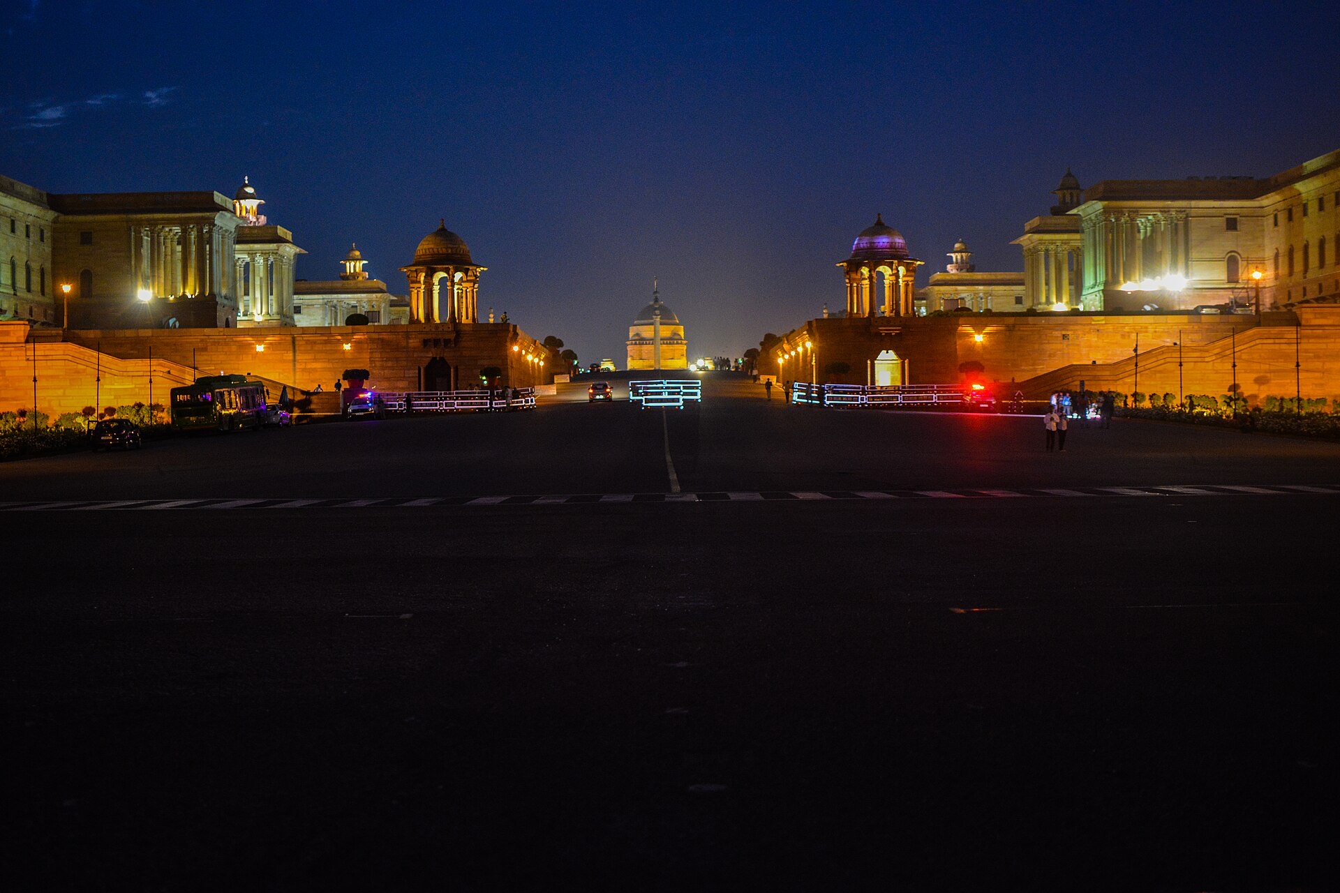 Rashtrapati Bhavan and the Secretariat buildings on Raisina Hill, New Delhi, at blue hour